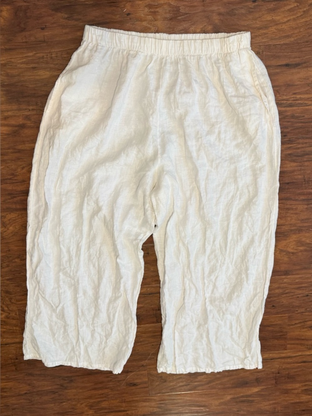 Bryn Walker 100% Linen White Wide Leg Cropped Pants Pull On Coastal Relaxed Lg